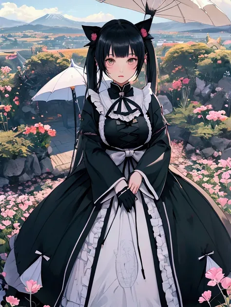 anime realistic, dramatic scene, light and shadow, global-illumination, 1 girl\( 20 years old Japanese beautiful woman, beautiful with cute face, wearing a black with white gothic lolita costume, long twin tails, , holding a parasol with a gorgeous gothic ...