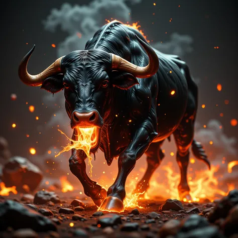 Imagine a majestic black bull who is snorting fire. His muscular body ripples under his rage. He ferociously charges his enemies leaving a burnong atmosphere in his wake. The name" MAB" etched in hellish burning letters. High Resolution, Masterpiece, Hyper...