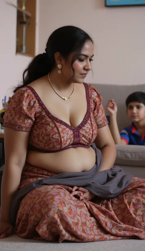 An aunty in Tamil Nadu works as a maid in a village. She is wearing a saree, bending down on the floor with a cloth, her legs are crossed, and she is masturbating. She has a fat, black body. You can see her cleavage and thighs. In the room, a boy is sittin...