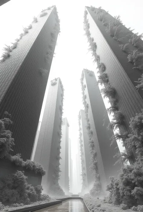 Skyscrapers drawn from below in a circle Nature slowly takes over the skyscrapers like a line drawing pencil