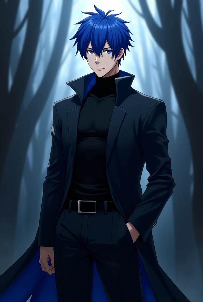 Anime boy with blue hair, bright blue eyes, a small wound on his face, wearing a tight black turtleneck and a long black coat, calm face, handsome, muscular, 188 cm tall, in a dark forest. 