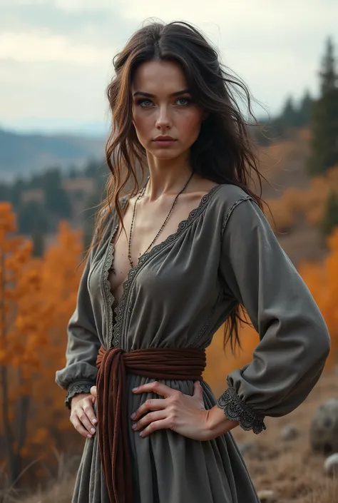 Beautiful nordic woman, dark brown hair, grey eyes, old traditional dress, dynamic energetic pose, hands on hips, lapland nordic nature background autumn, minimalist, sharp, cool lighting, dawn, sensual