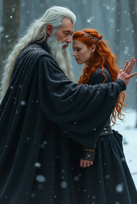 Masterpiece,wizard men in his 30s, white hair,white long beard,  with his 20 years old seductive redblond female apprentice, he makes a powerspell she is standing behind him,  winter, flames in brown eyes,  black cloak, confident face, delicate detail. ult...