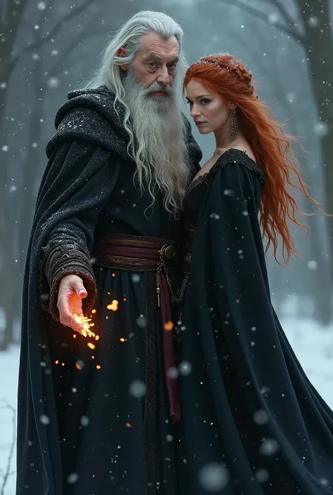 Masterpiece,wizard men in his 30s, white hair,white long beard,  with his 20 years old seductive redblond female apprentice, he makes a powerspell she is standing behind him,  winter, flames in brown eyes,  black cloak, confident face, delicate detail. ult...