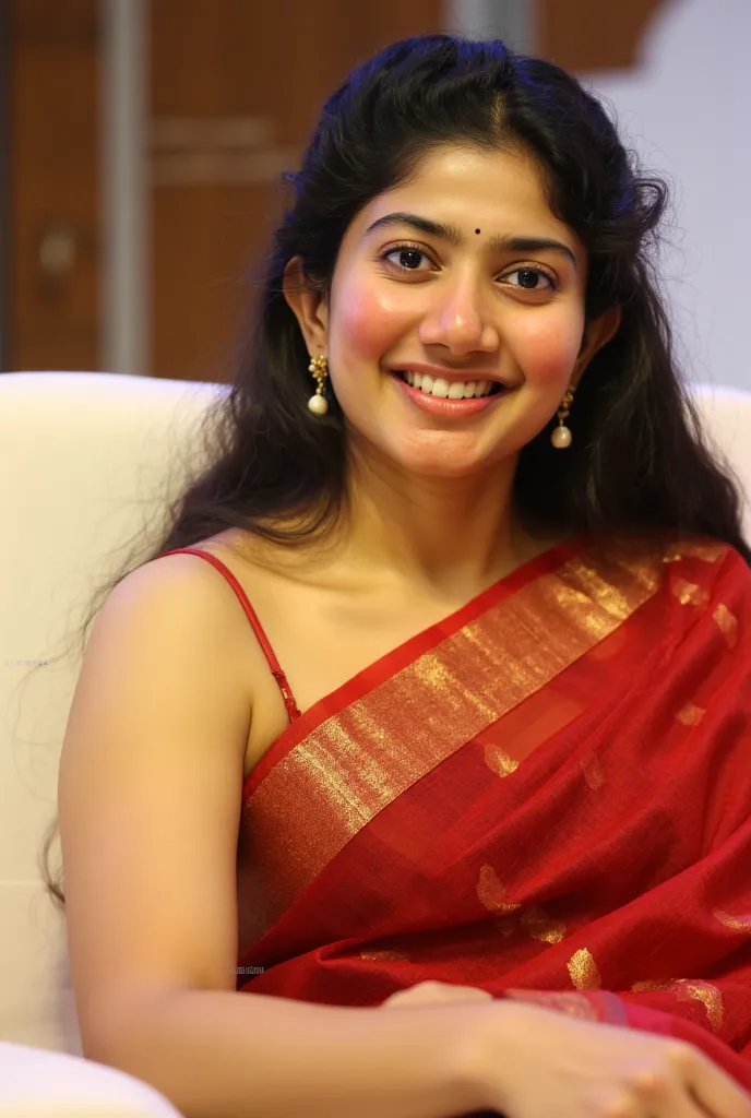 sai pallavi beautiful actress full body, wearing red transparent sexy saree with sleeveless,  laydown on bed, showing her sexy navel, showing her armfit, showing her sexy hip, looking at front camera, old man kissing her, realistic image, photoshoot, enhan...