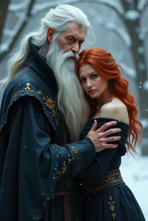 Masterpiece,wizard men in his 30s, white hair,white long beard,  with his 20 years old seductive redblond female apprentice, she is standing behind him, her Head on his shoulder,  winter, flames in brown eyes,  black cloak, confident face, delicate detail....