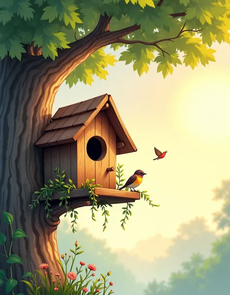 A beautifully hand-colored illustration of a charming wooden birdhouse perched on a thick, sturdy tree branch. The birdhouse has a rustic design with a round entrance hole, a tiny perch, and a slanted roof with soft wooden textures. Delicate vines and smal...