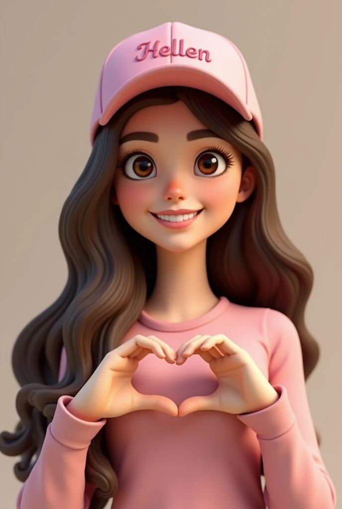 Create avatar of a 22-year-old woman with long brown hair, light brown eyes  ,all in 3d,She is making a heart with her hand and wears a pink cap with the name Hellen