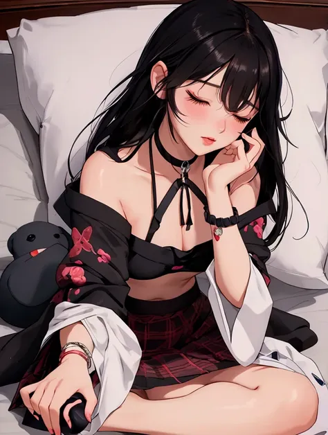  arafed woman lying on a bed face down ,  with her feet crossed her hands resting on her face, on a side black teddy bear with crosses on the eyes, wearing an old pink blanket , top with inscriptions and drawing, red and black plaid miniskirt, You can see ...