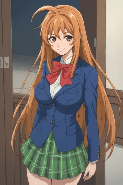 best quality,masterpiece,looking at viewer,absurdres,1girl,score_9,score_8_up,score_7_up,source_anime BREAK natsume aya,orange hair,long hair,brown eyes,ahoge,breasts,white ,skirt,bow,plaid,large breasts,jacket, plaid, green plaid skirt, blue blazer, stand...