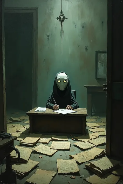 A dark, eerie painting of a dusty, old office with tattered papers scattered across the floor. In the center, a small  with hollow, glowing eyes sits at a creaky desk, surrounded by piles of mysterious documents. The papers seem to twist and curl unnatural...