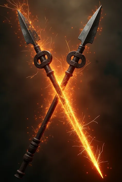 Two African spears,  one with dark ,  The sparks between them show the power {x} with a shadow-wrapped blade and the other with a glowing blade,  in flames ,  intersect in the air .  which is unleashed at this moment ,  spear .