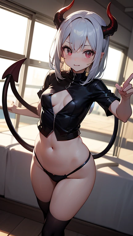 1  loli demon girl  forward-curving horns, standing, lively, thin, pointed tail.