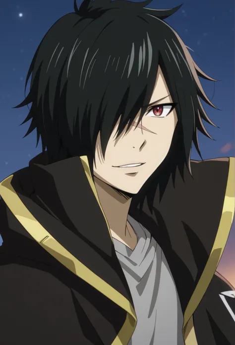 front view, Frontal portrait, close-up, looking at viewer, score_9, score_8_up, score_7_up, intricate details, anime screencap, depth of field, official style, 1boy, solo, male focus, rogue_cheney, black hair, red eyes, , hair over one eye, scar, close-up,...