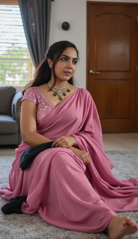 An aunty in Tamil Nadu works as a maid in a village. She is wearing a pink colour glossy saree, bending down on the floor with a black cloth, her legs are spreaded, and she is masturbating. She has a fat, black body. You can see her cleavage and thighs. In...