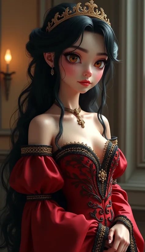  villainous woman  ,Black hair golden eyes ,sexy body ,  dressed as a princess , with a beautiful look  , fantasy , unique , realistic dressed in a beautiful dream dress , She is the daughter of an archduke ,  masterpiece, alta resolución,  Precise,  The b...