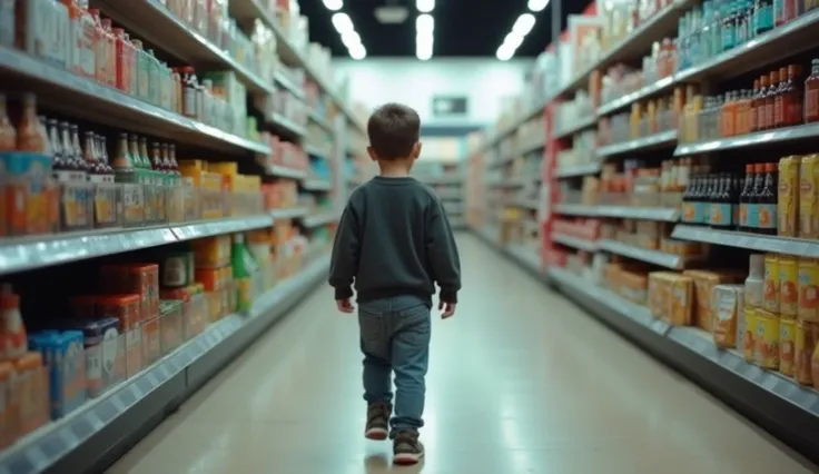  In a quiet supermarket corridor ,  a young autistic boy walks alone ,  with his head down and his eyes lost .  His body is slightly tense ,  as if uncomfortable or afraid of something around you,  but his expression is vague , as if in a world apart.  He ...