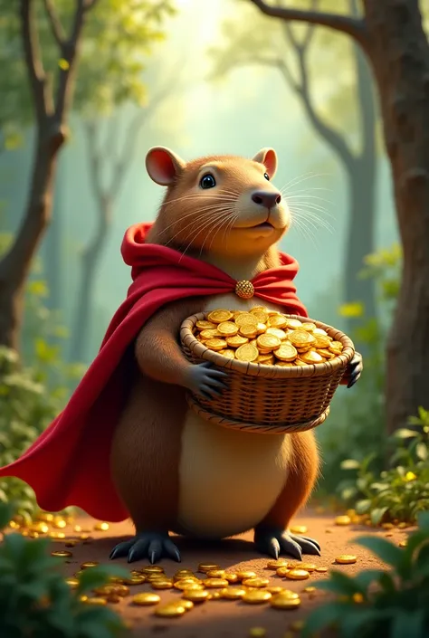 a capybara in the forest with a red cape and a basket full of gold and with a basket full of gold