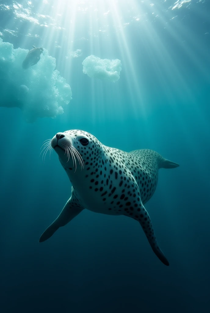 "Just beneath the surface of the icy Antarctic waters, a sleek and powerful leopard seal glides effortlessly, its streamlined body moving with silent precision. Its sharp eyes peer upward, watching the penguins above with a mixture of curiosity and hunger....