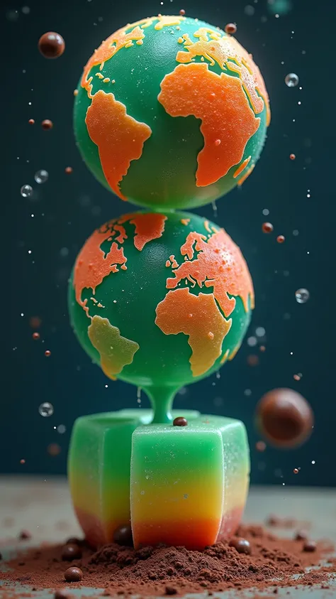 **" Earth-shaped jelly candy ,  where continents are layers of different flavors (Amazon = Menta, sahara = piMenta, Oceania = ). When you bite , the core of  * chocolate lava * spills. Bottom:  galactic kitchen with floating utensils ."**