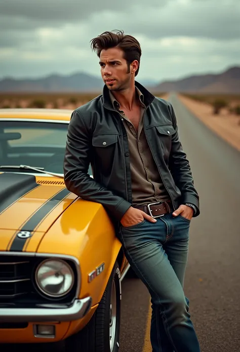 A charming and medium muscular handsome man with piercing brown eyes and a handsome face leans against a vintage muscle car, his muscular frame clad in a leather jacket and faded jeans. His dark, windswept hair and a hint of stubble add to his edgy, rebell...