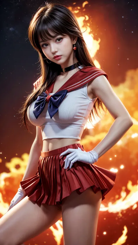 Product quality,  in the seat, cowboy shot,( thigh emphasis :1.4),( young and beautiful Japanese woman,  perfect anatomy ), cosplayer,(   sailor warrior uniform   ),(outside,Mars,Starry Sky ,background:1.4), Positive Little Smile  ,((  red sailor collar  )...