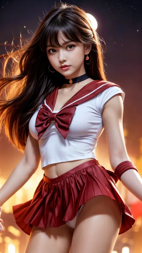 Product quality,  in the seat, cowboy shot,( thigh emphasis :1.4),( young and beautiful Japanese woman,  perfect anatomy ), cosplayer,(   sailor warrior uniform   ),(outside,Mars,Starry Sky ,background:1.4), Positive Little Smile  ,((  red sailor collar  )...