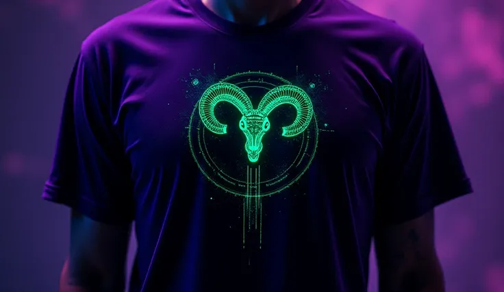 " ADVANCED DESIGN 3D T SHIRT DISPLAY in black or dark purple,  perfectly adjusted to the figure . The Print, in a fluorescent green tone ,  represents an ALIEN BIOMECHANICAL ARIES SIGN SCHEME , , achieving a unique and futuristic appearance .  The fabric h...