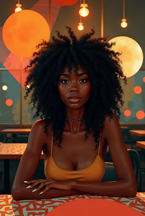 Black woman with long frizzy hair and shapes at a table in a restaurant 