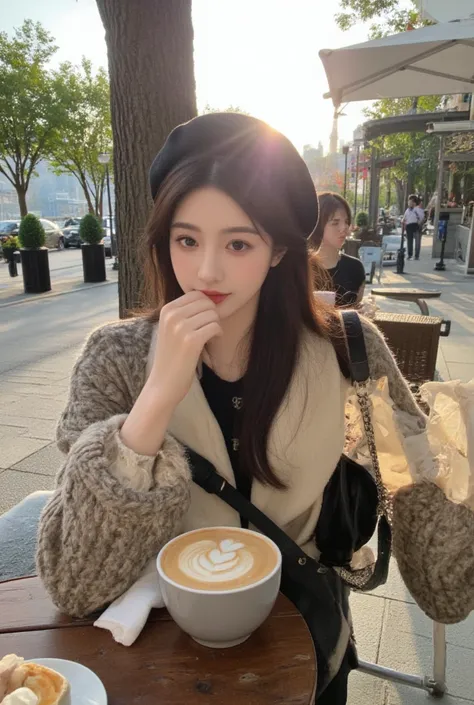 An elegant Ulzzang model sitting at a luxurious outdoor café, dressed in a stylish Chanel outfit with a chic beret, sipping coffee gracefully, stunning scenic view in the background, soft golden sunlight, Parisian aesthetic, poised and sophisticated, ultra...