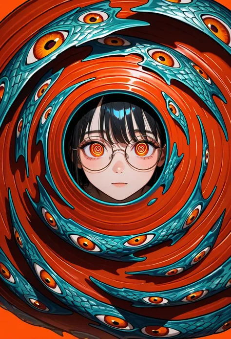 ( masterpiece,  best quality), safe,  incredible quality,  very aesthetic, absurdities, highres,  newest , HDR-10, 8K,  high detail RAW color art ,  large pupil ,  tabs,  high-detail RAW color art ,1 girl round glasses , spiral eyes , simple red background...