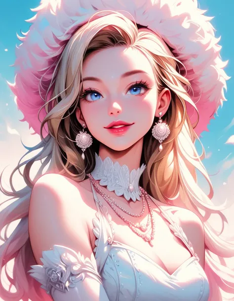 limited color palette,lineart,vector,pink theme,white theme,parted lips,smile,lipstick,nose,puffy lips, edgwdc, 1girl, solo, long hair, looking at viewer, blue eyes, blonde hair, gloves, hat, dress, bare shoulders, jewelry, earrings, white gloves, necklace...