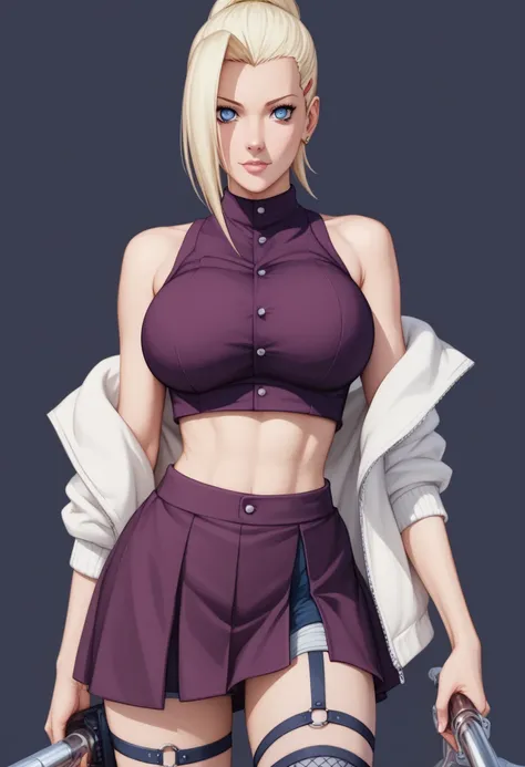 ino yamanaka, anime,  detailed eyes , Top with thin straps ,  high waist short skirt,  big breasts,  perfectly highlight complex anatomical features.  SFX symbol complement the visual art , Engaging the viewer.  The level of detail is inspiring ,  with met...