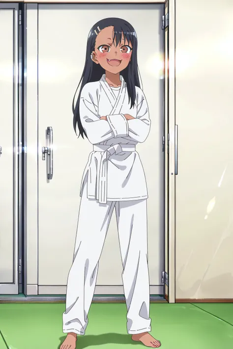 source_anime, score_9, score_8_up, score_7_up, anime screencap, absurdres, high quality,
(nagatoro hayase, brown eyes, dark-skinned female, tan, black hair, hairclip, earclip, hair ornament, long hair, outfit-judo, bangs, crossed arms, dougi),, anime color...