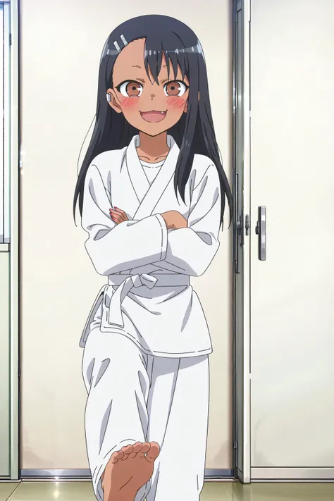 source_anime, score_9, score_8_up, score_7_up, anime screencap, absurdres, high quality,
(nagatoro hayase, brown eyes, dark-skinned female, tan, black hair, hairclip, earclip, hair ornament, long hair, outfit-judo, bangs, crossed arms, dougi),, anime color...