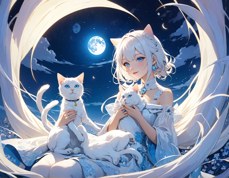 Northan light, White Cat, blue eyes, play with moon