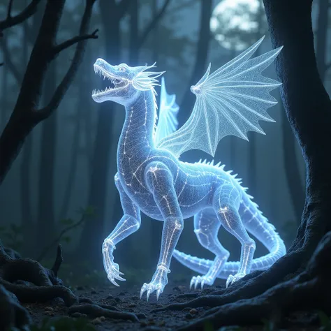 A shimmering, holographic, X-Ray mythical beast with iridescent scales and ethereal wings, roaring thunderously under a celestial canvas of cosmic skies. Set within a dense, mystical forest at nighttime, bathed in soft, silver moonlight that casts eerie sh...