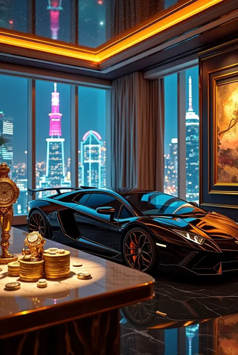 "A futuristic ultra-luxury penthouse overlooking a neon-lit city skyline at night, filled with gold accents, expensive paintings, a table stacked with cash, diamond-encrusted watches, and a sleek black Lamborghini parked inside. A sense of infinite wealth ...