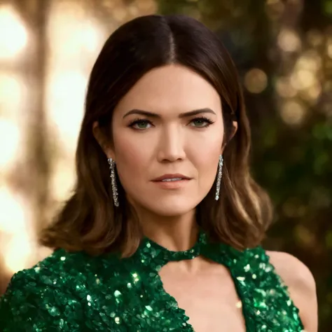 best quality, highres, 8k, masterpiece, photography, detailed midbody photorealistic portrait. Jade Jewels celebrates Mandy Moore's emerald glamour. Her jade silk dress accentuated with jewelled detailing radiates sophistication and opulence. She pairs it ...