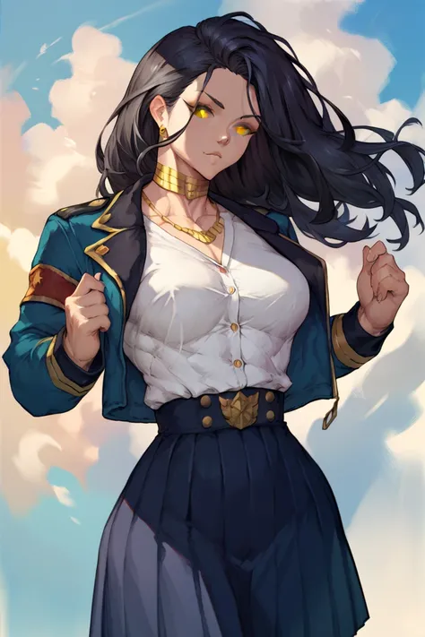 1 girl, Long black hair, black hair,  yellow-eyed, eyes yellow, muscular, mujer muscular, (muscles)  medium breasts, Not so much chest, Long military uniform jacket, military clothing,  white shirt,  Student Uniform ,  blue school uniform, jewelry on the n...