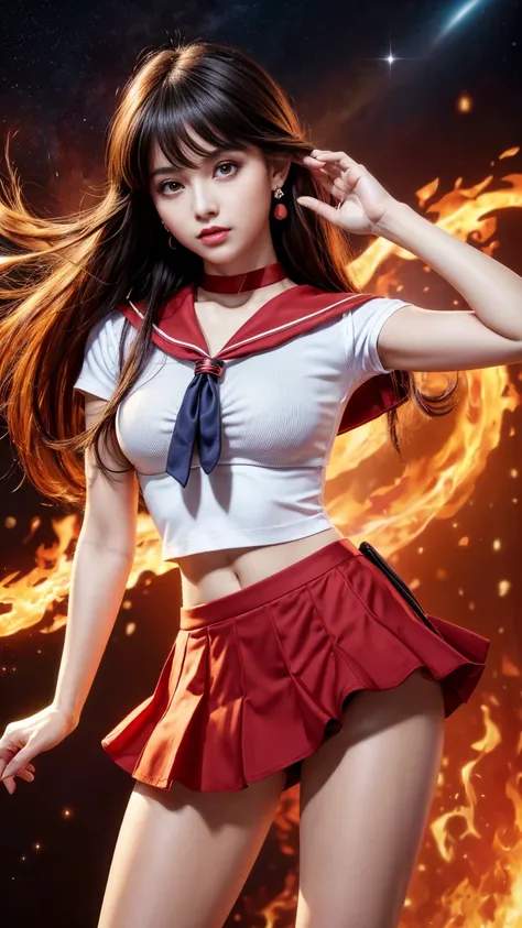 Product quality,  in the seat, cowboy shot,( thigh emphasis :1.4),( young and beautiful Japanese woman,  perfect anatomy ),( sailor warrior uniform   ),(outside,Mars,Starry Sky ,background:1.4), Positive Little Smile  ,((Red Sailor Warrior Uniform )),(  Re...