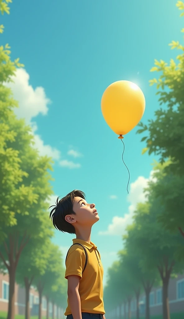  The yellow balloon flying upwards as the  unintentionally lets go.  The  looks up with an expression of surprise and concern . The blue sky in the background highlights the balloon rising .