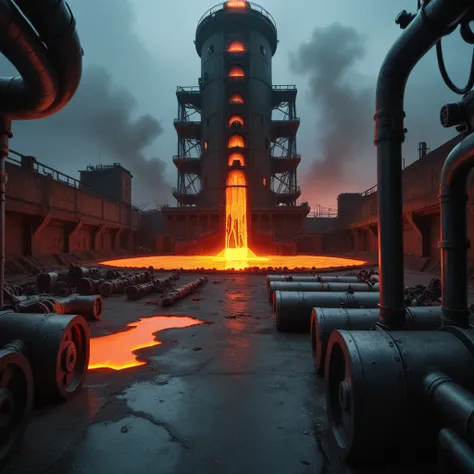 a dark and gritty underground industrialized world, massive machinery, gears, pipes, conveyor belts, smoky atmosphere, sinister nazi soldiers, metal walkways, ominous lighting, glowing lava, imposing architecture, dystopian landscape, advanced technology, ...