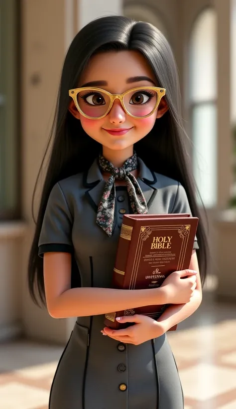 Create a Disney Pixar-style portrait of a young woman with white skin,  long hair, smooth and black,  falling naturally over the shoulders . She wears gold-framed glasses, large and elegant , with slightly reflective lenses. His smile is warm and welcoming...