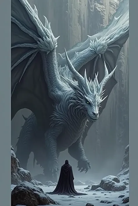 Ice dragon in front of a warrior in a black robe in a glasial, giant wings