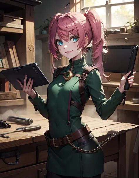 1girl, smile, happy, pink hair,long pigtails, long hair, , steampunk outfit, (holding gadget, tinkering),

workshop, workbench, too many gadgets, 

 pink, cyan, emerald green, dark wood,

,AetherPunkAI