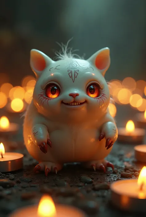 "A small, adorable creature with large, sparkling eyes that glow like candle flames, casting a soft, flickering light around it. Its body is round and plump, covered in pale, soft skin, and it has a slight, almost endearing grin that reveals sharp, tiny te...