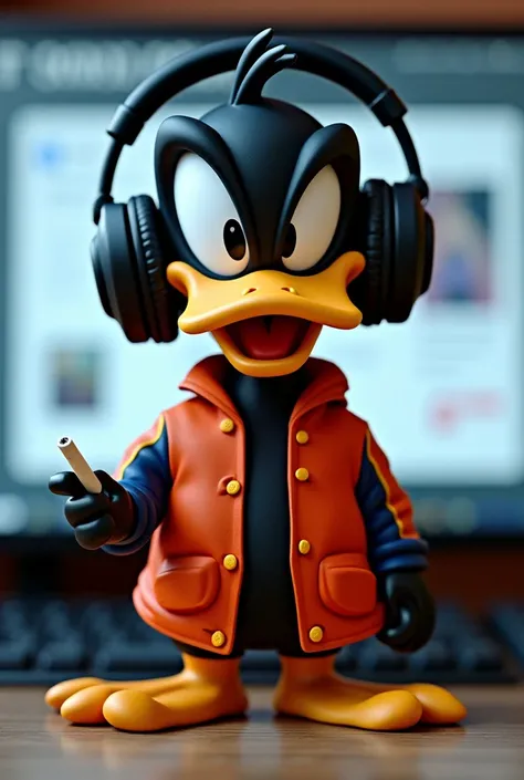 Generate image of Daffy Duck smoking with baseball jacket and large black headphones Resized on computer and in png