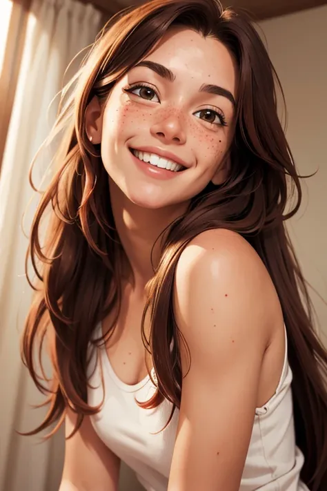 masterpiece, Best quality, Realistic photo of a girl, long hair, Red freckles, smile