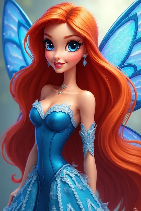 Winx Club Bloom, als fee,  young adults , The face and shoulders should be visible. long red hair, As faithful and detailed as possible. IN your Enchantix shape with big wings.  Her colors are blue.  She also has blue eyes 